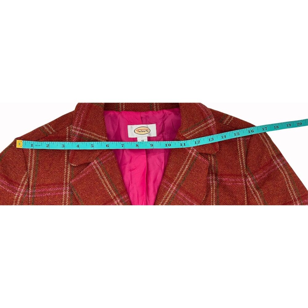 Talbots Womens 12 100% Wool Blazer Rust Orange Pink Plaid Peplum Back Academia - Picture 10 of 10